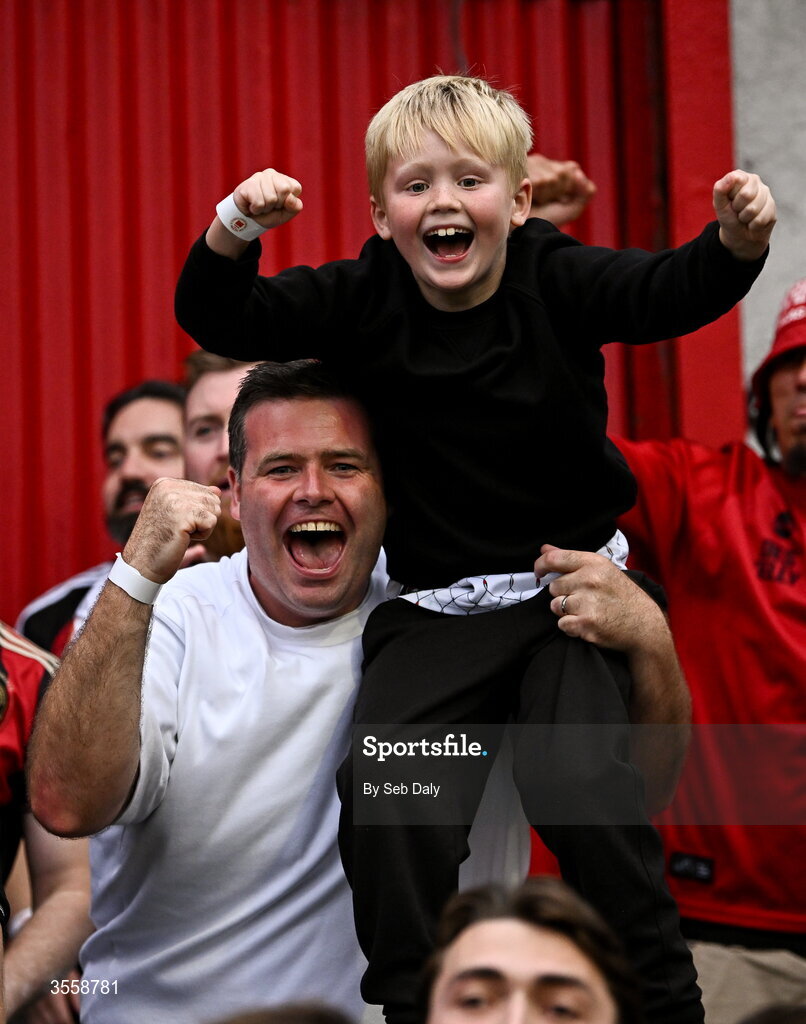 5 September 2026; Bohemians supporters celebrate after their side's victory in the Club Orange Men’s FAI Cup quarter-final match between St Patrick's Athletic and Bohemians at Richmond Park in Dublin. Photo by Seb Daly/Sportsfile