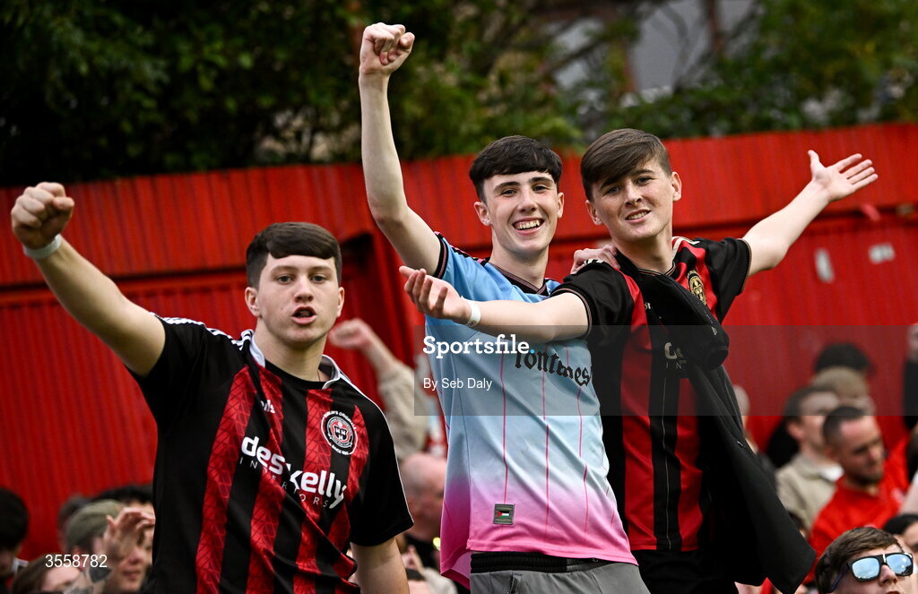 5 September 2026; Bohemians supporters celebrate after their side's victory in the Club Orange Men’s FAI Cup quarter-final match between St Patrick's Athletic and Bohemians at Richmond Park in Dublin. Photo by Seb Daly/Sportsfile