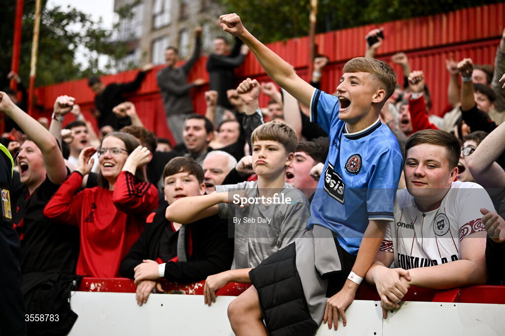 5 September 2026; Bohemians supporters celebrate after their side's victory in the Club Orange Men’s FAI Cup quarter-final match between St Patrick's Athletic and Bohemians at Richmond Park in Dublin. Photo by Seb Daly/Sportsfile