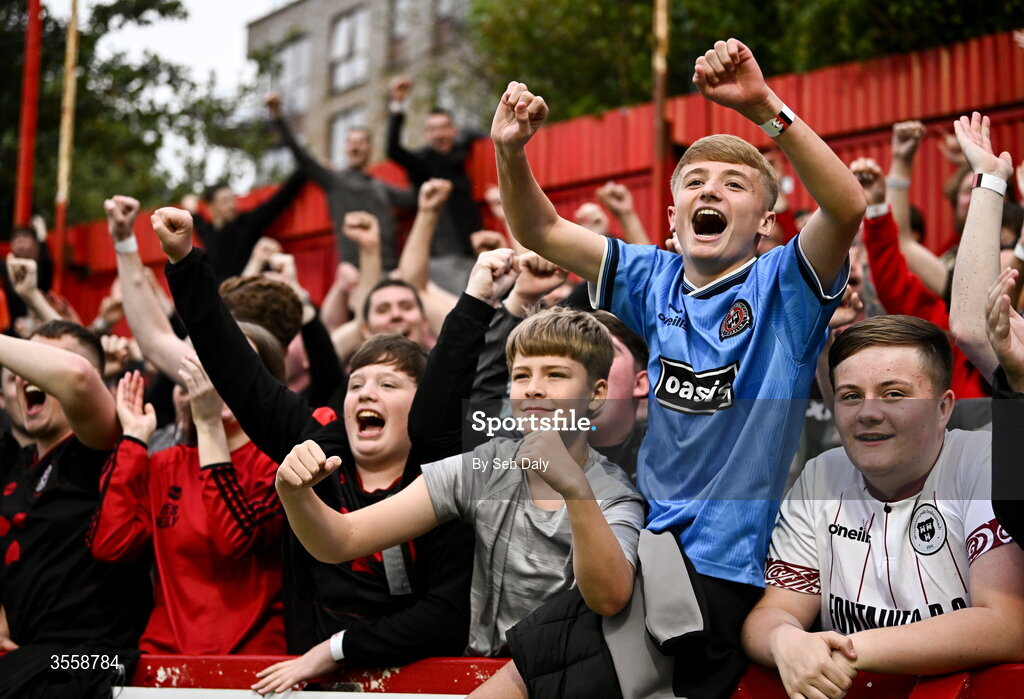 5 September 2026; Bohemians supporters celebrate after their side's victory in the Club Orange Men’s FAI Cup quarter-final match between St Patrick's Athletic and Bohemians at Richmond Park in Dublin. Photo by Seb Daly/Sportsfile