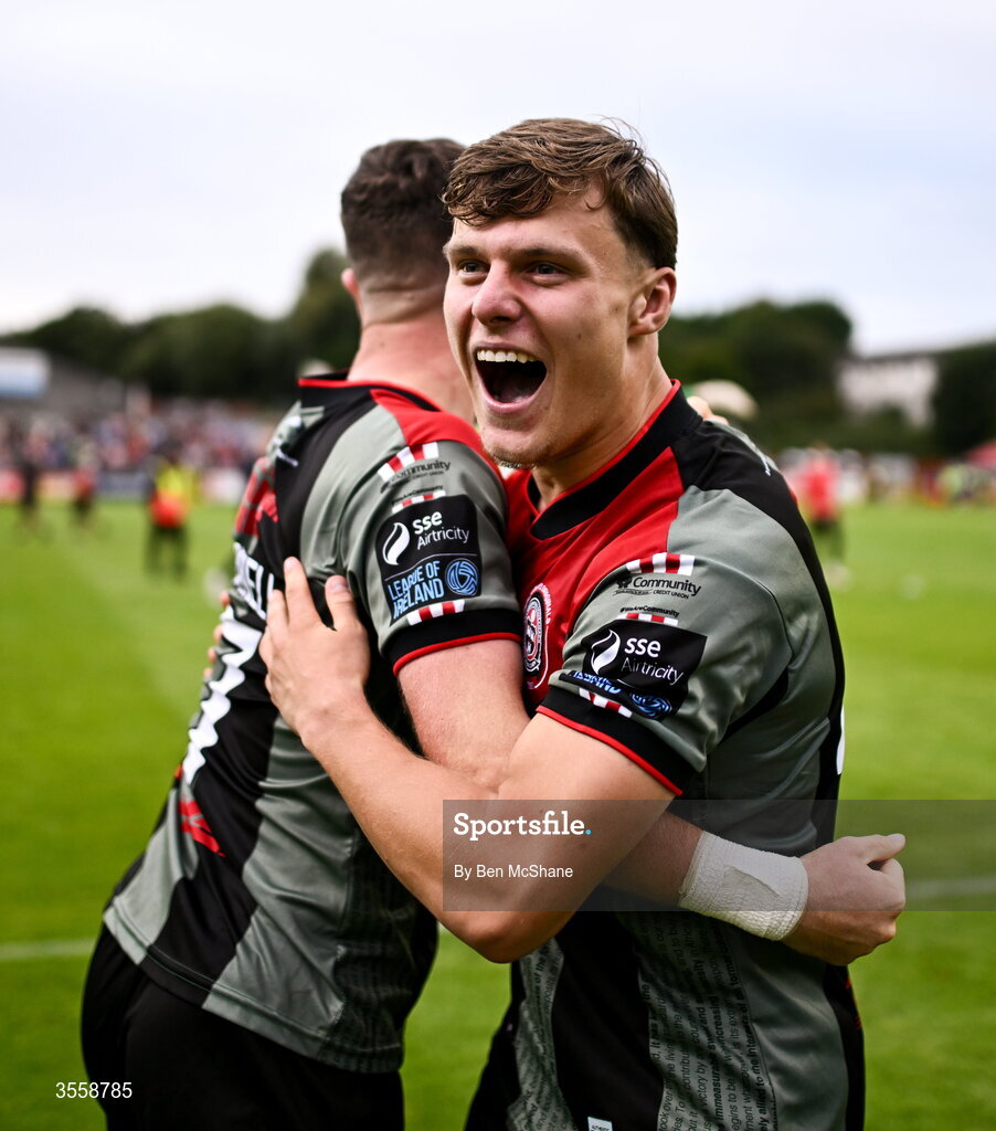5 September 2026; Markuss Strods, right, and Adam McDonnell of Bohemians celebrate after the Club Orange Men’s FAI Cup quarter-final match between St Patrick's Athletic and Bohemians at Richmond Park in Dublin. Photo by Ben McShane/Sportsfile