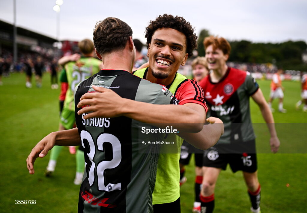 5 September 2026; Zane Myers, right, and Markuss Strods of Bohemians celebrate after the Club Orange Men’s FAI Cup quarter-final match between St Patrick's Athletic and Bohemians at Richmond Park in Dublin. Photo by Ben McShane/Sportsfile