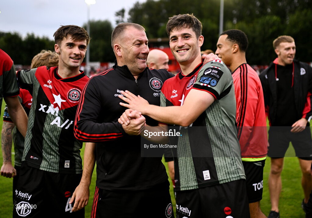 5 September 2026; Bohemians manager Alan Reynolds, left, and Colm Whelan of Bohemians celebrate after the Club Orange Men’s FAI Cup quarter-final match between St Patrick's Athletic and Bohemians at Richmond Park in Dublin. Photo by Ben McShane/Sportsfile