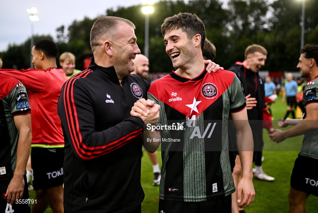 5 September 2026; Bohemians manager Alan Reynolds, left, and Colm Whelan of Bohemians celebrate after the Club Orange Men’s FAI Cup quarter-final match between St Patrick's Athletic and Bohemians at Richmond Park in Dublin. Photo by Ben McShane/Sportsfile