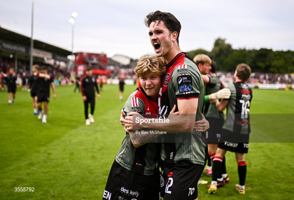 5 September 2026; Patrick Hickey, right, and Harry Vaughan of Bohemians celebrate after the Club Orange Men’s FAI Cup quarter-final match between St Patrick's Athletic and Bohemians at Richmond Park in Dublin. Photo by Ben McShane/Sportsfile