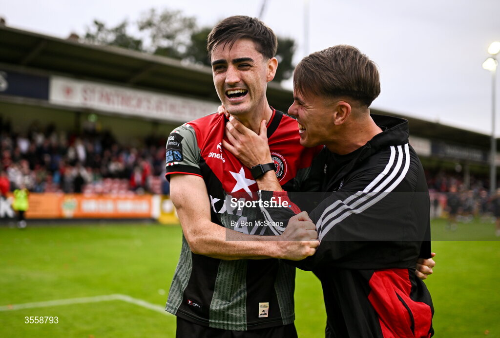 5 September 2026; Dawson Devoy, left, and Dayle Rooney of Bohemians celebrate after the Club Orange Men’s FAI Cup quarter-final match between St Patrick's Athletic and Bohemians at Richmond Park in Dublin. Photo by Ben McShane/Sportsfile