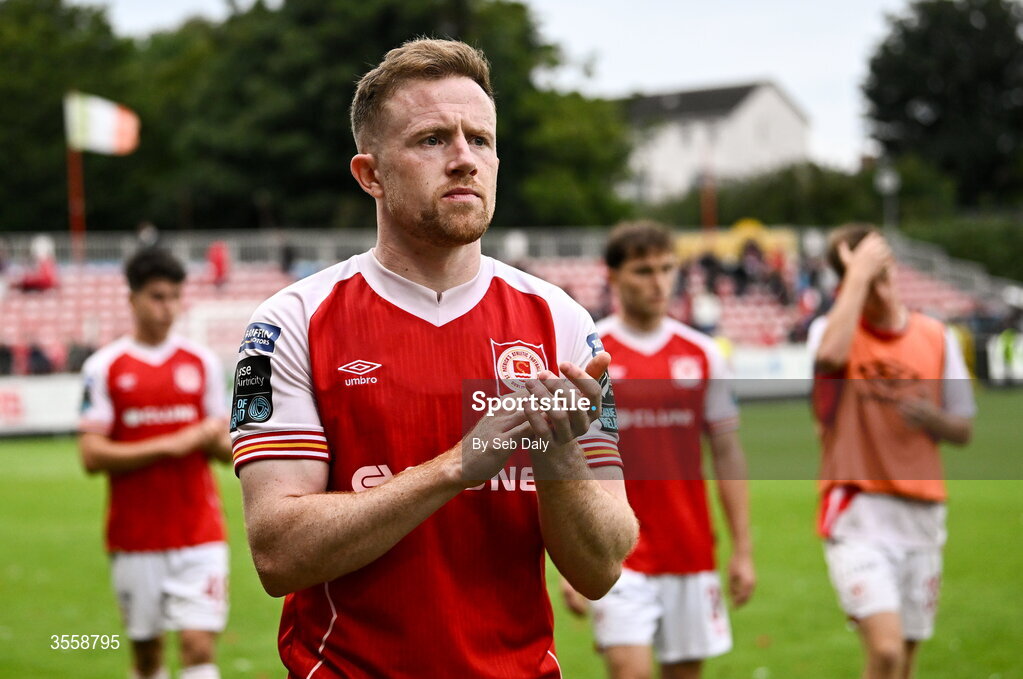 5 September 2026; Sean Hoare of St Patrick's Athletic and teammates after the Club Orange Men’s FAI Cup quarter-final match between St Patrick's Athletic and Bohemians at Richmond Park in Dublin. Photo by Seb Daly/Sportsfile