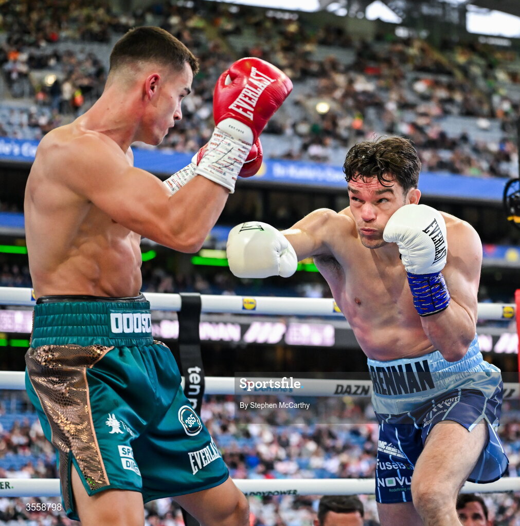 5 September 2026; Emmet Brennan, right, and Taylor Bevan during their super middleweight bout at the Once Upon A Time fight night in Croke Park, Dublin. Photo by Stephen McCarthy/Sportsfile