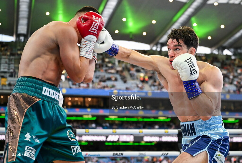 5 September 2026; Emmet Brennan, right, and Taylor Bevan during their super middleweight bout at the Once Upon A Time fight night in Croke Park, Dublin. Photo by Stephen McCarthy/Sportsfile