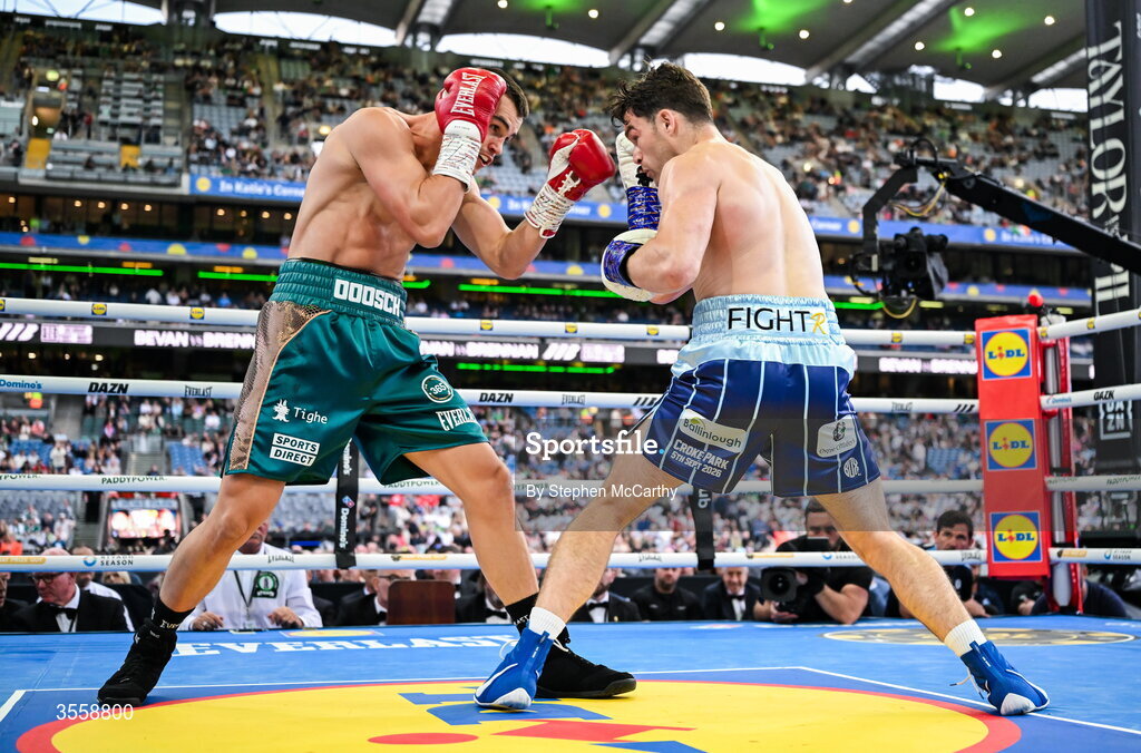 5 September 2026; Emmet Brennan, right, and Taylor Bevan during their super middleweight bout at the Once Upon A Time fight night in Croke Park, Dublin. Photo by Stephen McCarthy/Sportsfile
