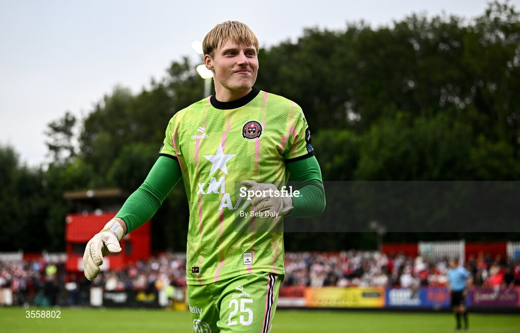5 September 2026; Bohemians goalkeeper Paul Walters after saving a penalty in a penalty shoot-out during the Club Orange Men’s FAI Cup quarter-final match between St Patrick's Athletic and Bohemians at Richmond Park in Dublin. Photo by Seb Daly/Sportsfile