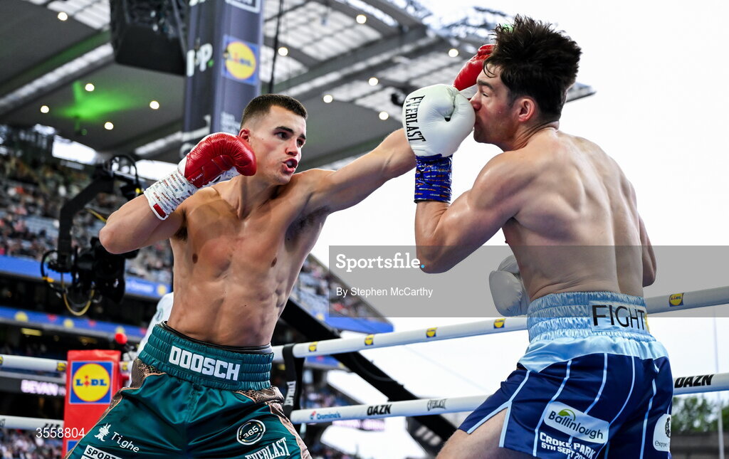 5 September 2026; Taylor Bevan, left, and Emmet Brennan during their super middleweight bout at the Once Upon A Time fight night in Croke Park, Dublin. Photo by Stephen McCarthy/Sportsfile