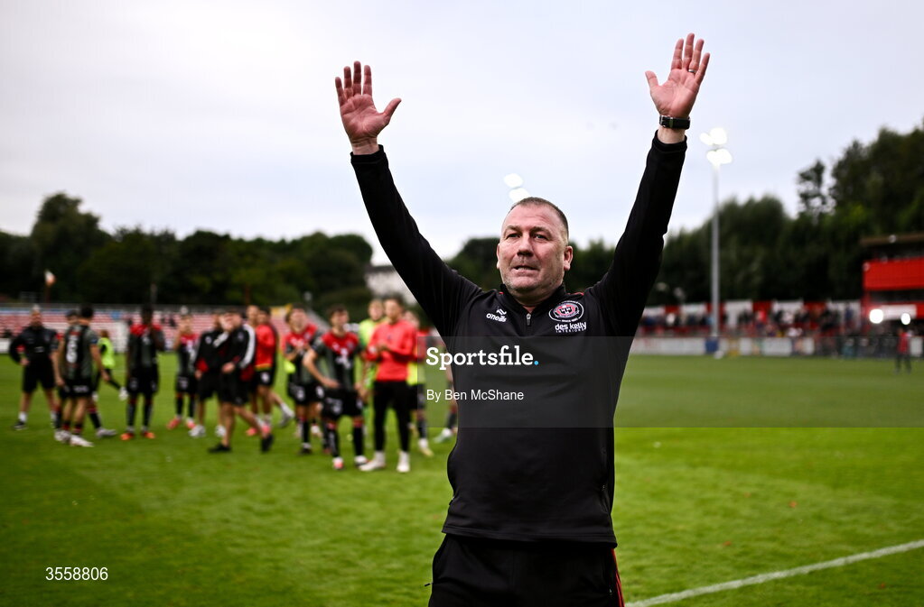 5 September 2026; Bohemians manager Alan Reynolds celebrates after the Club Orange Men’s FAI Cup quarter-final match between St Patrick's Athletic and Bohemians at Richmond Park in Dublin. Photo by Ben McShane/Sportsfile