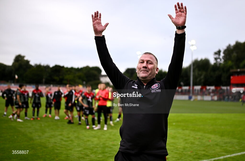 5 September 2026; Bohemians manager Alan Reynolds celebrates after the Club Orange Men’s FAI Cup quarter-final match between St Patrick's Athletic and Bohemians at Richmond Park in Dublin. Photo by Ben McShane/Sportsfile