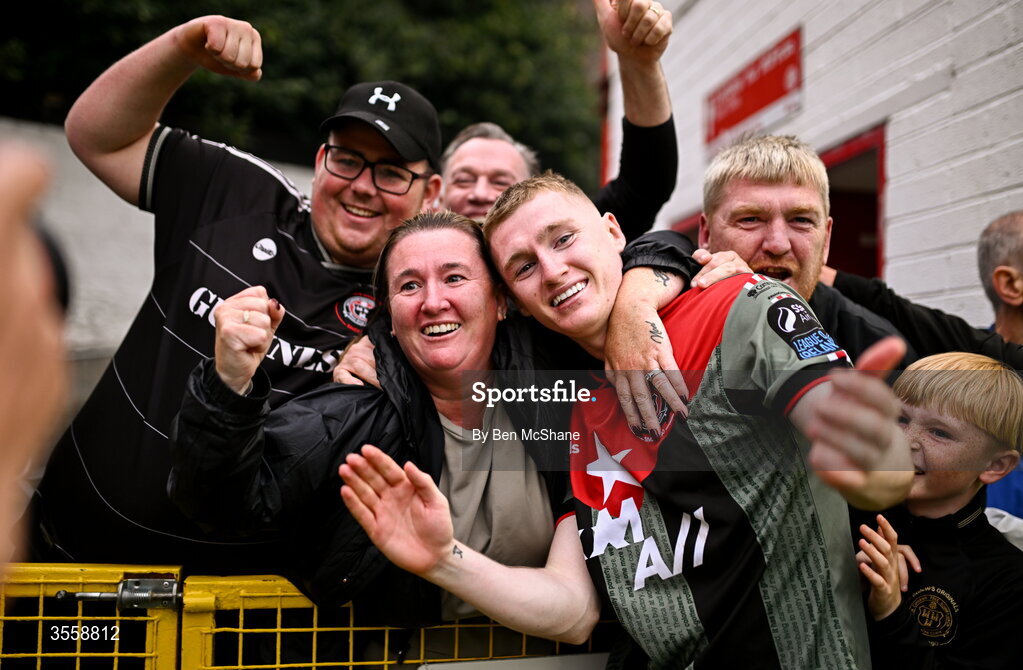 5 September 2026; Ross Tierney of Bohemians celebrates with supporters after the Club Orange Men’s FAI Cup quarter-final match between St Patrick's Athletic and Bohemians at Richmond Park in Dublin. Photo by Ben McShane/Sportsfile