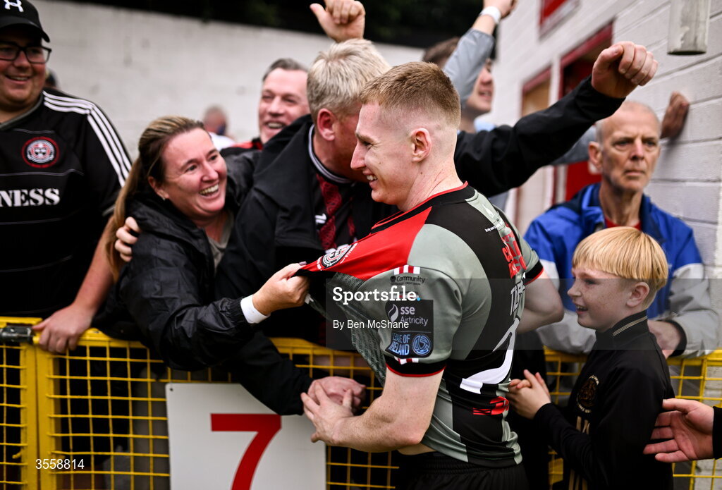 5 September 2026; Ross Tierney of Bohemians celebrates with supporters after the Club Orange Men’s FAI Cup quarter-final match between St Patrick's Athletic and Bohemians at Richmond Park in Dublin. Photo by Ben McShane/Sportsfile