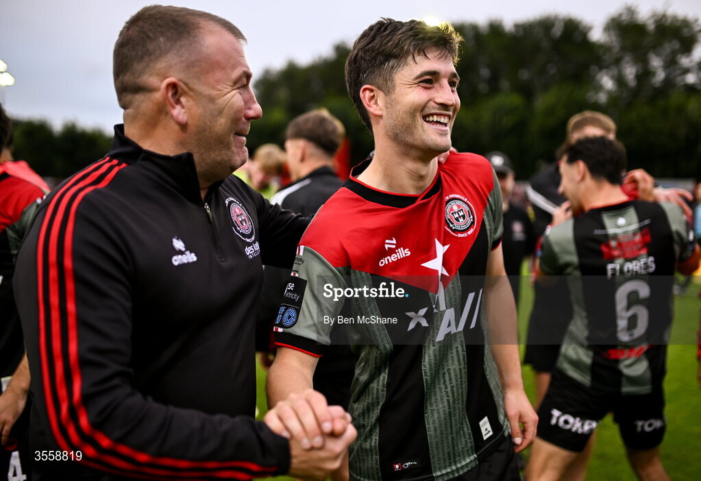 5 September 2026; Bohemians manager Alan Reynolds, left, and Colm Whelan of Bohemians celebrate after the Club Orange Men’s FAI Cup quarter-final match between St Patrick's Athletic and Bohemians at Richmond Park in Dublin. Photo by Ben McShane/Sportsfile