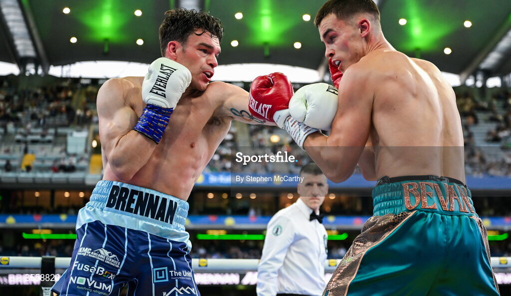 5 September 2026; Taylor Bevan, right, and Emmet Brennan during their super middleweight bout at the Once Upon A Time fight night in Croke Park, Dublin. Photo by Stephen McCarthy/Sportsfile