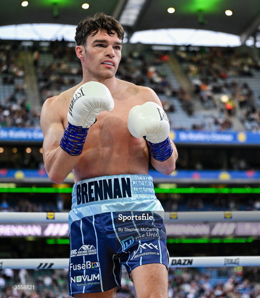 5 September 2026; Emmet Brennan during his super middleweight bout with Taylor Bevan at the Once Upon A Time fight night in Croke Park, Dublin. Photo by Stephen McCarthy/Sportsfile