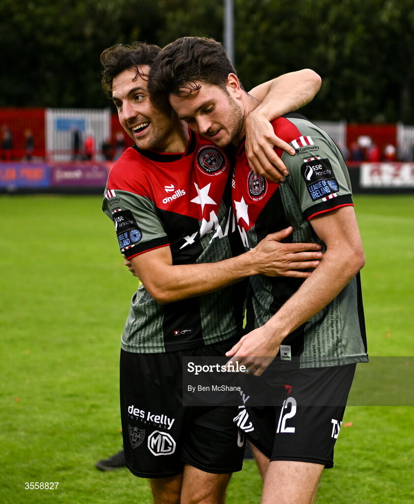 5 September 2026; Jordan Flores, left, and Patrick Hickey of Bohemians celebrate after the Club Orange Men’s FAI Cup quarter-final match between St Patrick's Athletic and Bohemians at Richmond Park in Dublin. Photo by Ben McShane/Sportsfile