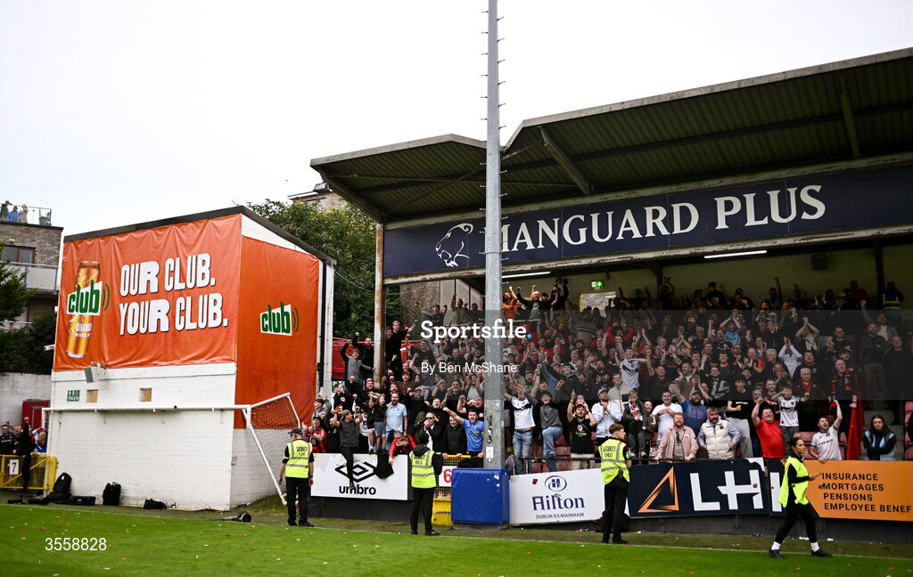 5 September 2026; Bohemians supporters celebrate after the Club Orange Men’s FAI Cup quarter-final match between St Patrick's Athletic and Bohemians at Richmond Park in Dublin. Photo by Ben McShane/Sportsfile
