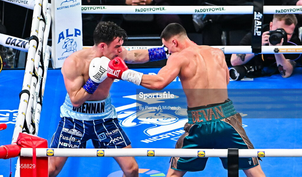 5 September 2026; Taylor Bevan, right, and Emmet Brennan during their super middleweight bout at the Once Upon A Time fight night in Croke Park, Dublin. Photo by Piaras Ó Mídheach/Sportsfile