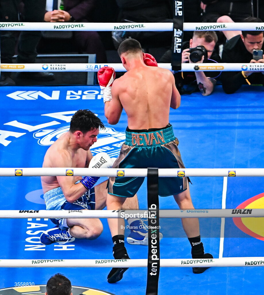 5 September 2026; Taylor Bevan, right, knocks down Emmet Brennan during their super middleweight bout at the Once Upon A Time fight night in Croke Park, Dublin. Photo by Piaras Ó Mídheach/Sportsfile