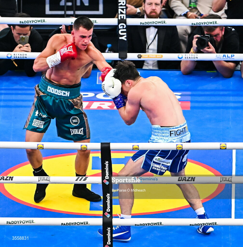 5 September 2026; Taylor Bevan, left, and Emmet Brennan during their super middleweight bout at the Once Upon A Time fight night in Croke Park, Dublin. Photo by Piaras Ó Mídheach/Sportsfile