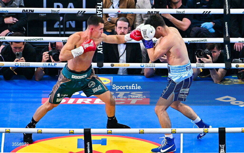 5 September 2026; Taylor Bevan, left, and Emmet Brennan during their super middleweight bout at the Once Upon A Time fight night in Croke Park, Dublin. Photo by Piaras Ó Mídheach/Sportsfile