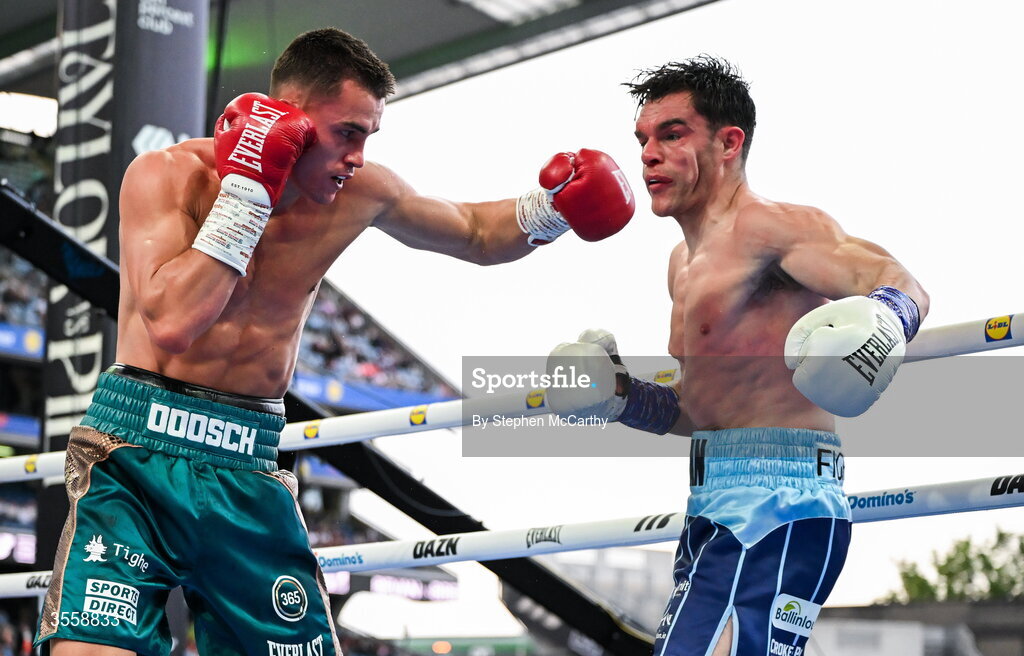 5 September 2026; Taylor Bevan, left, and Emmet Brennan during their super middleweight bout at the Once Upon A Time fight night in Croke Park, Dublin. Photo by Stephen McCarthy/Sportsfile
