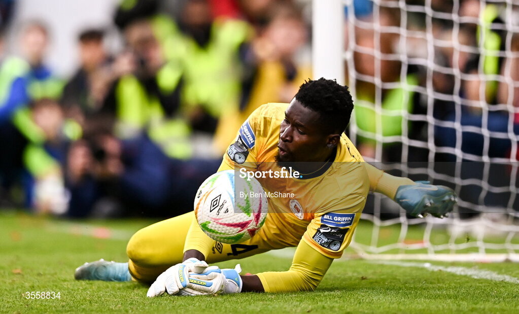 5 September 2026; St Patrick's Athletic goalkeeper Joseph Anang saves a penalty in the penalty-shootout of the Club Orange Men’s FAI Cup quarter-final match between St Patrick's Athletic and Bohemians at Richmond Park in Dublin. Photo by Ben McShane/Sportsfile