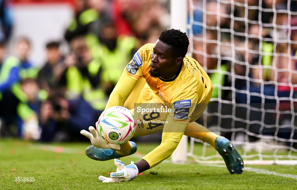 5 September 2026; St Patrick's Athletic goalkeeper Joseph Anang saves a penalty in the penalty-shootout of the Club Orange Men’s FAI Cup quarter-final match between St Patrick's Athletic and Bohemians at Richmond Park in Dublin. Photo by Ben McShane/Sportsfile