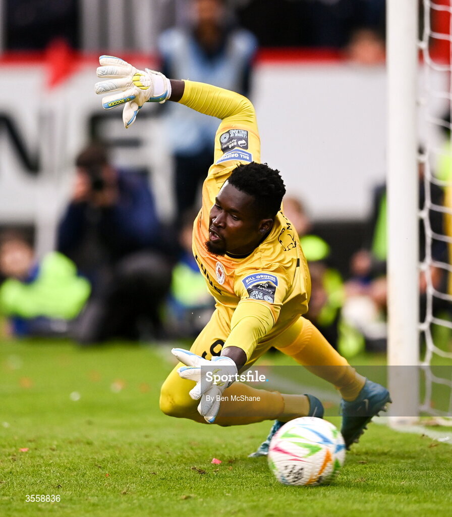 5 September 2026; St Patrick's Athletic goalkeeper Joseph Anang watches a penalty pass him in the penalty-shootout of the Club Orange Men’s FAI Cup quarter-final match between St Patrick's Athletic and Bohemians at Richmond Park in Dublin. Photo by Ben McShane/Sportsfile