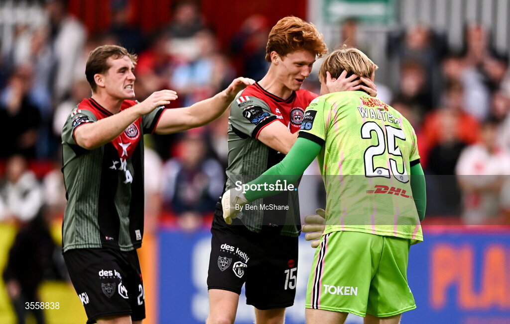 5 September 2026; Bohemians goalkeeper Paul Walters, right, celebrates with Bohemians teammates Cian Byrne, left, and Senan Mullen after victory in the penalty shoot-out of the Club Orange Men’s FAI Cup quarter-final match between St Patrick's Athletic and Bohemians at Richmond Park in Dublin. Photo by Ben McShane/Sportsfile