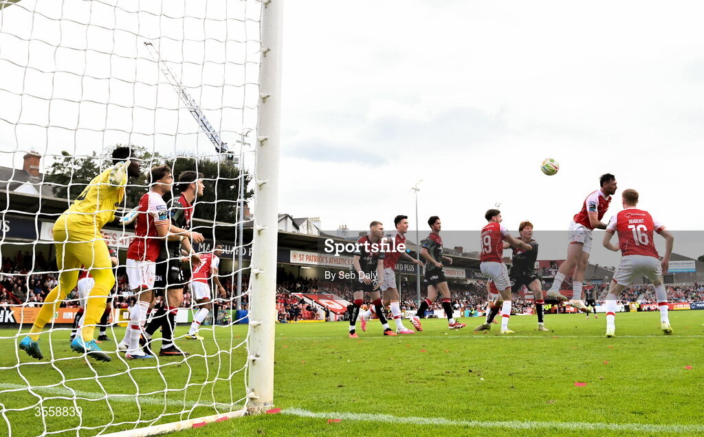 5 September 2026; Ryan Edmondson of St Patrick's Athletic scores and own goal during the Club Orange Men’s FAI Cup quarter-final match between St Patrick's Athletic and Bohemians at Richmond Park in Dublin. Photo by Seb Daly/Sportsfile