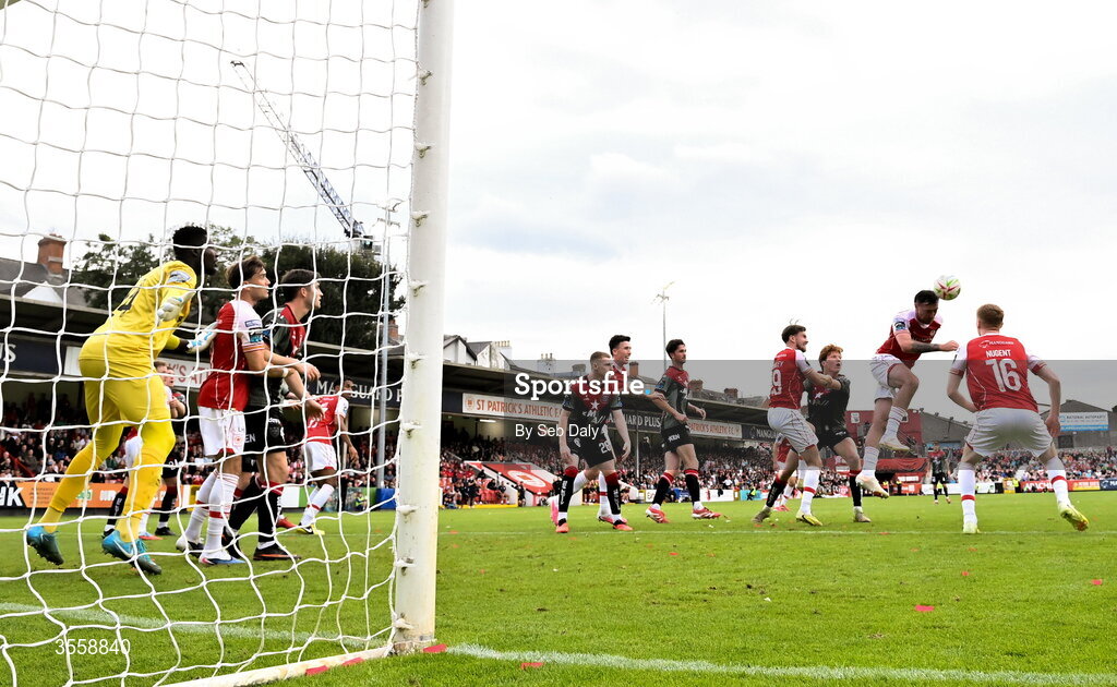 5 September 2026; Ryan Edmondson of St Patrick's Athletic scores and own goal during the Club Orange Men’s FAI Cup quarter-final match between St Patrick's Athletic and Bohemians at Richmond Park in Dublin. Photo by Seb Daly/Sportsfile