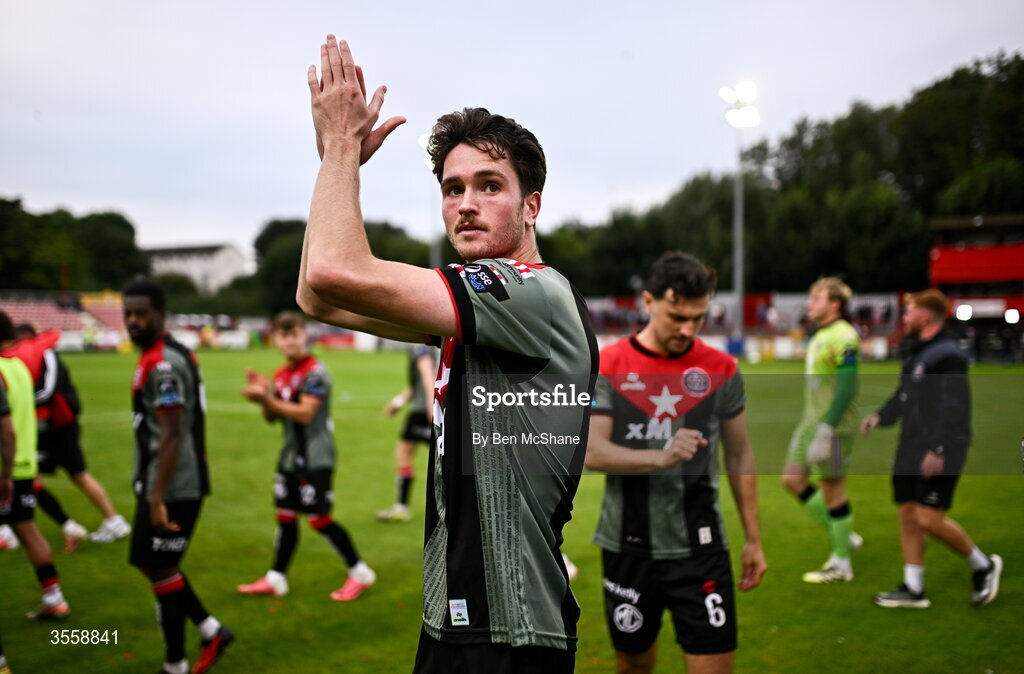 5 September 2026; Patrick Hickey of Bohemians celebrates after the Club Orange Men’s FAI Cup quarter-final match between St Patrick's Athletic and Bohemians at Richmond Park in Dublin. Photo by Ben McShane/Sportsfile