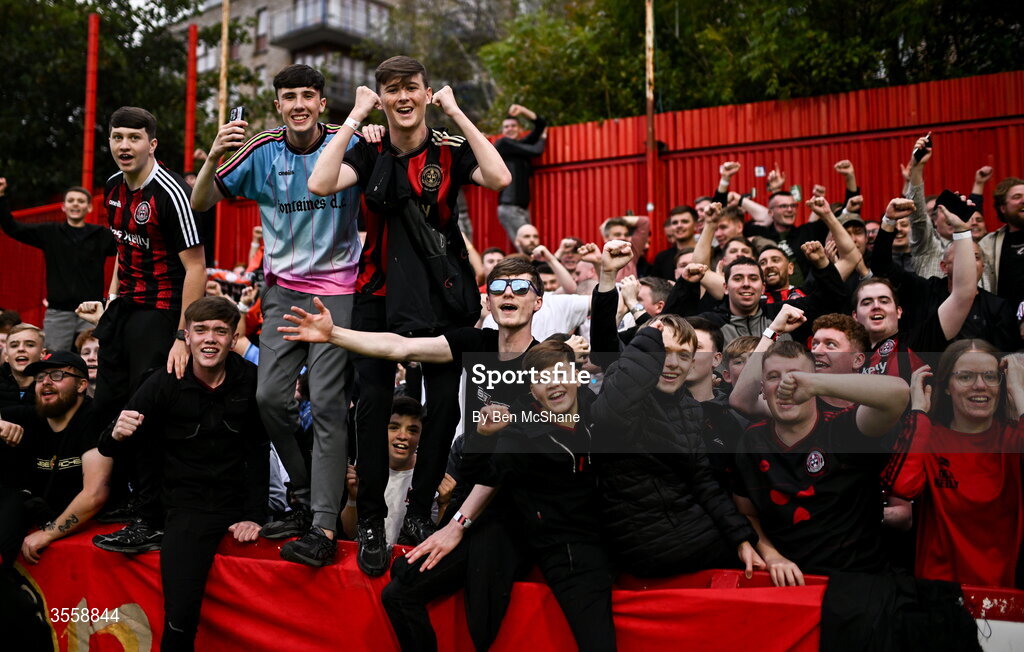 5 September 2026; Bohemians supporters celebrate after the Club Orange Men’s FAI Cup quarter-final match between St Patrick's Athletic and Bohemians at Richmond Park in Dublin. Photo by Ben McShane/Sportsfile