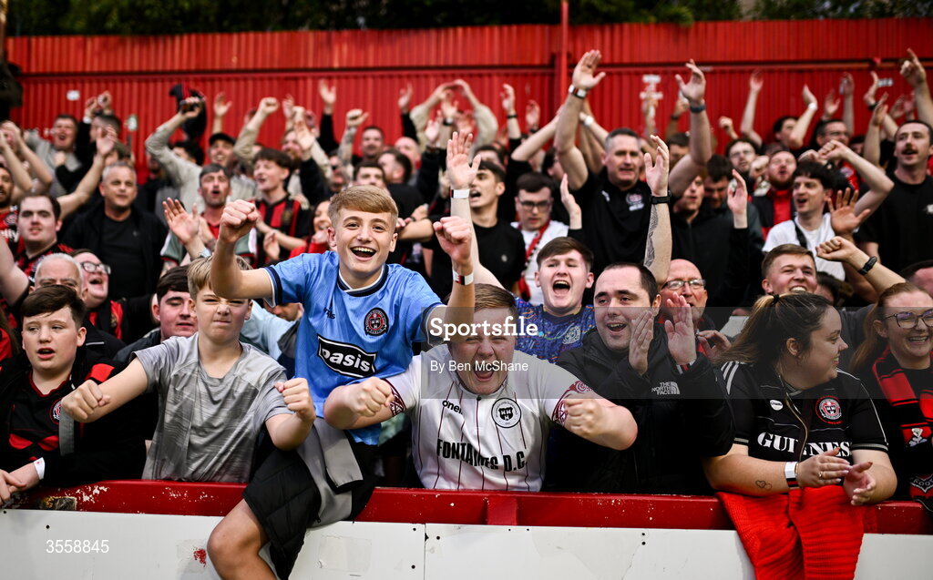 5 September 2026; Bohemians supporters celebrate after the Club Orange Men’s FAI Cup quarter-final match between St Patrick's Athletic and Bohemians at Richmond Park in Dublin. Photo by Ben McShane/Sportsfile