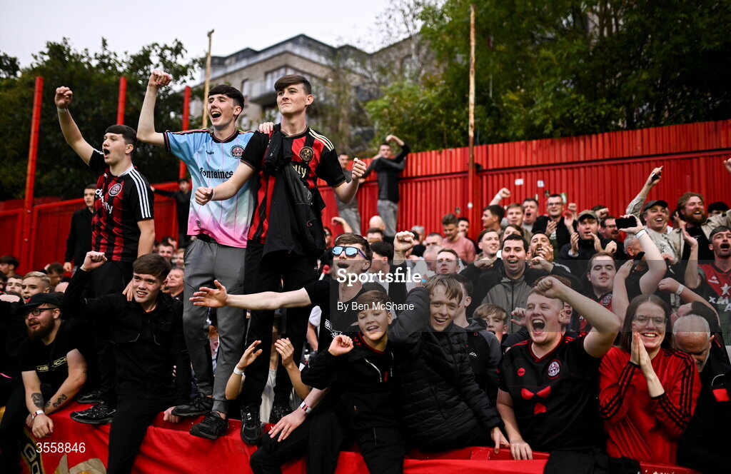 5 September 2026; Bohemians supporters celebrate after the Club Orange Men’s FAI Cup quarter-final match between St Patrick's Athletic and Bohemians at Richmond Park in Dublin. Photo by Ben McShane/Sportsfile