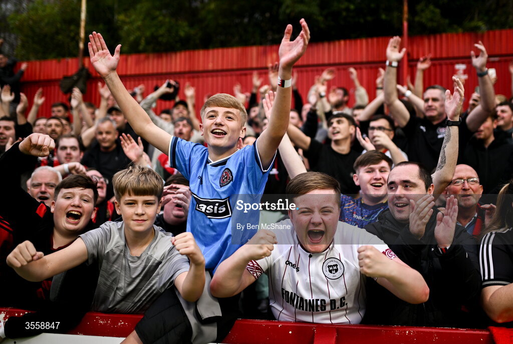 5 September 2026; Bohemians supporters celebrate after the Club Orange Men’s FAI Cup quarter-final match between St Patrick's Athletic and Bohemians at Richmond Park in Dublin. Photo by Ben McShane/Sportsfile