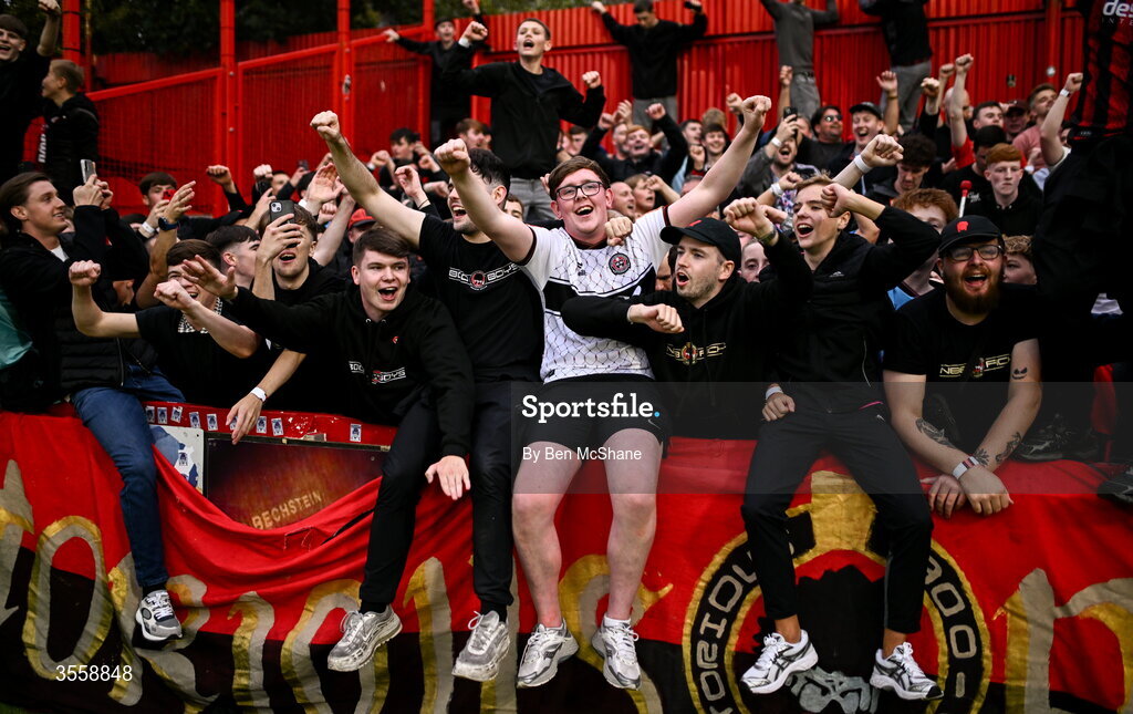 5 September 2026; Bohemians supporters celebrate after the Club Orange Men’s FAI Cup quarter-final match between St Patrick's Athletic and Bohemians at Richmond Park in Dublin. Photo by Ben McShane/Sportsfile