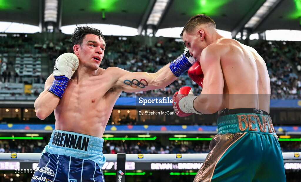 5 September 2026; Emmet Brennan, left, and Taylor Bevan during their super middleweight bout at the Once Upon A Time fight night in Croke Park, Dublin. Photo by Stephen McCarthy/Sportsfile