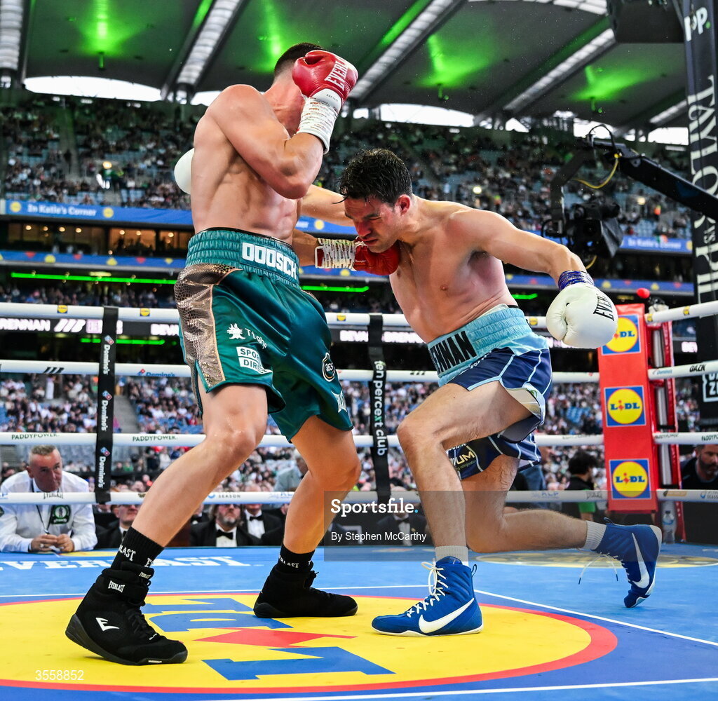 5 September 2026; Taylor Bevan, left, knocks down Emmet Brennan during their super middleweight bout at the Once Upon A Time fight night in Croke Park, Dublin. Photo by Stephen McCarthy/Sportsfile