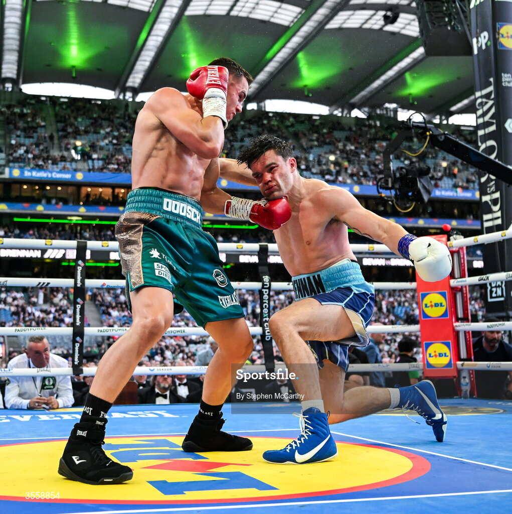 5 September 2026; Taylor Bevan, left, and Emmet Brennan during their super middleweight bout at the Once Upon A Time fight night in Croke Park, Dublin. Photo by Stephen McCarthy/Sportsfile