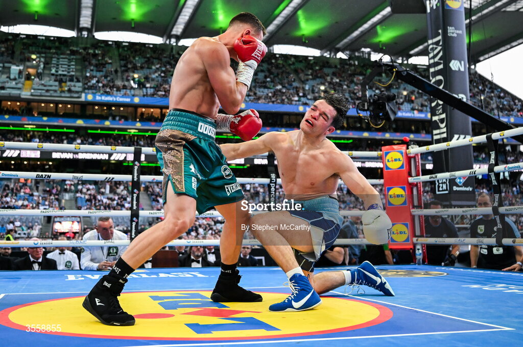 5 September 2026; Taylor Bevan, left, and Emmet Brennan during their super middleweight bout at the Once Upon A Time fight night in Croke Park, Dublin. Photo by Stephen McCarthy/Sportsfile