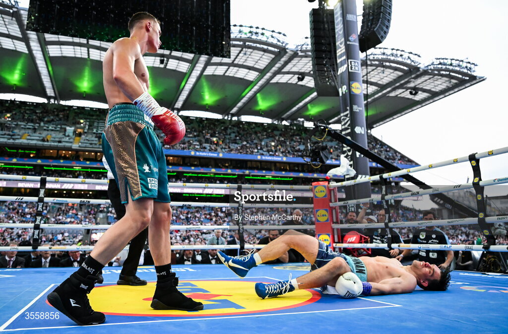 5 September 2026; Taylor Bevan, left, knocks out Emmet Brennan during their super middleweight bout at the Once Upon A Time fight night in Croke Park, Dublin. Photo by Stephen McCarthy/Sportsfile