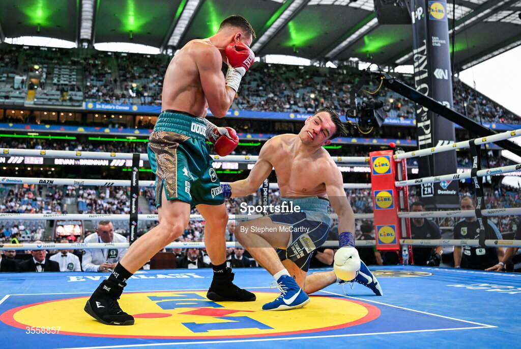 5 September 2026; Taylor Bevan, left, and Emmet Brennan during their super middleweight bout at the Once Upon A Time fight night in Croke Park, Dublin. Photo by Stephen McCarthy/Sportsfile