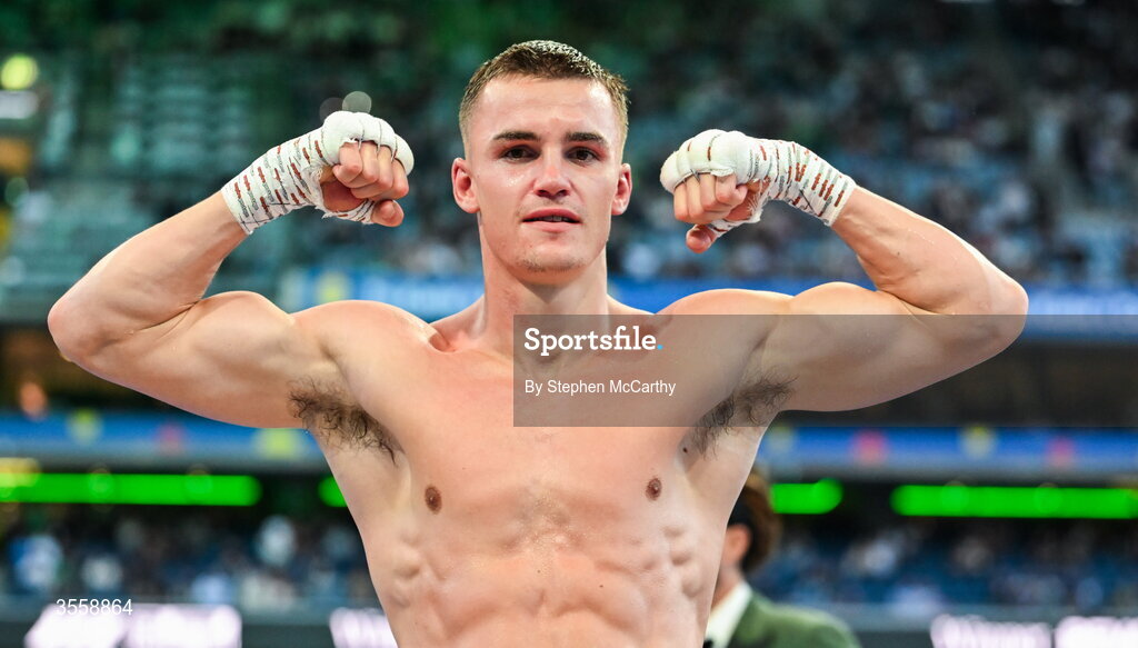 5 September 2026; Taylor Bevan celebrates after being declared victorious in his super middleweight bout with Emmet Brennan at the Once Upon A Time fight night in Croke Park, Dublin. Photo by Stephen McCarthy/Sportsfile