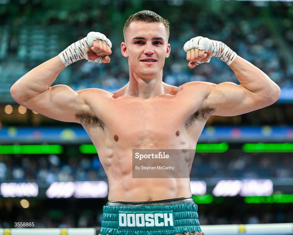 5 September 2026; Taylor Bevan celebrates after being declared victorious in his super middleweight bout with Emmet Brennan at the Once Upon A Time fight night in Croke Park, Dublin. Photo by Stephen McCarthy/Sportsfile